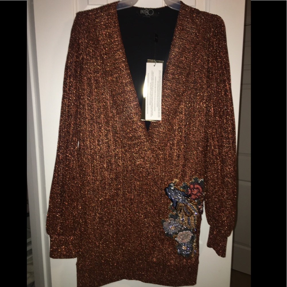 Plunging v neck embroidered lurex tunic